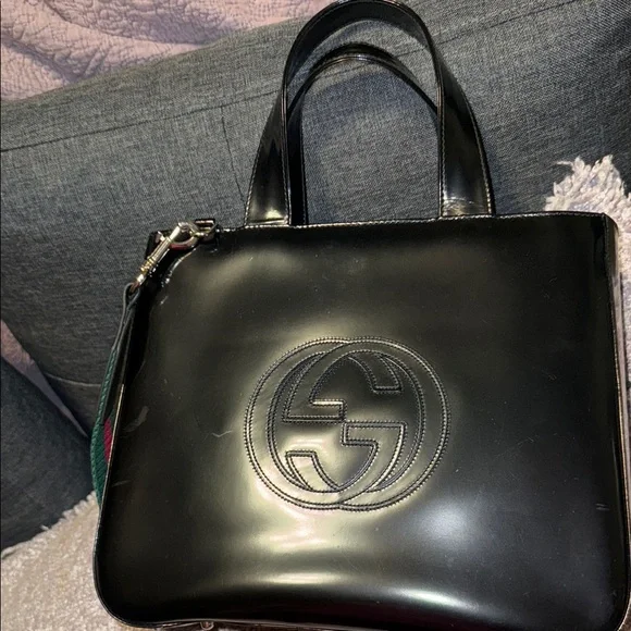 GUCCI Black Tote Bag with Green and Red Strap